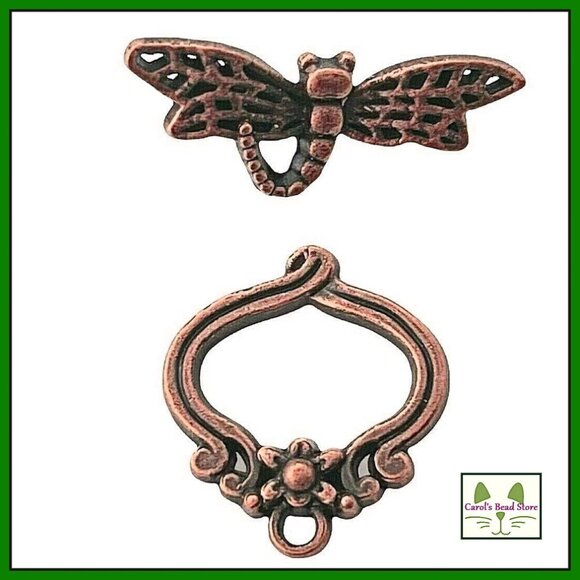 Antique Copper Finish Dragonfly & Flower Toggle Clasp  29mm, Ring is 20mm - Picture 3 of 4